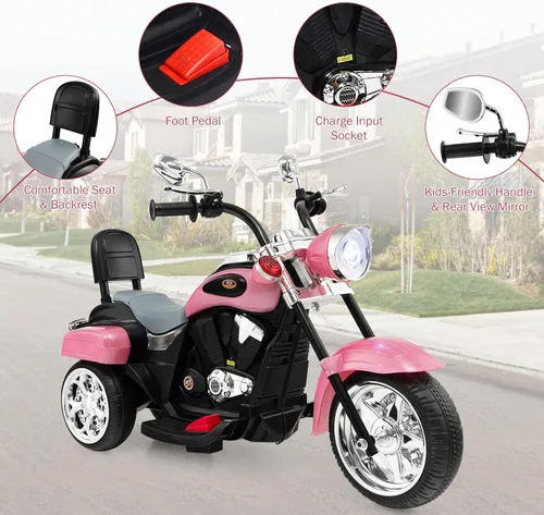 Miniatura 3 de Costzon Motocicleta Infantil, Motocicleta de Paseo a Batería de 6V con Claxon, Faro, Motocicleta Chopper de 3 Ruedas Estable, Motocicleta Eléctrica