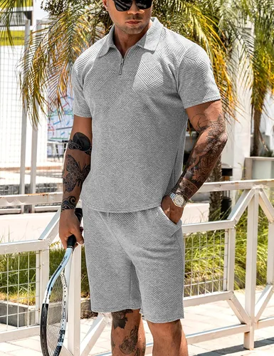 Miniatura 2 de URRU Conjunto de camisa polo y pantalones cortos para hombre, trajes de verano a la moda, casual, de manga corta, traje de polo para hombre