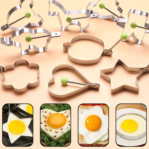 Miniatura 4 de Anillo de molde de huevo frito, 9 anillos de molde para panqueques de huevo con mango aislado, acero inoxidable, 9 anillos de huevo moldeadores