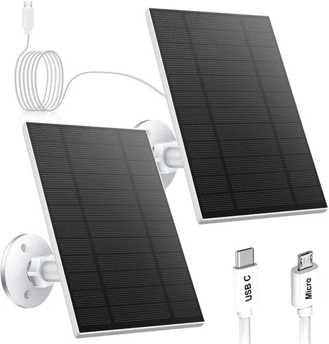 Panel Solar de 5W de 2 Piezas para Cámara de Seguridad, Panel Solar con Puerto Micro USB y USB-C para Cámara para Exteriores con Batería Recargable