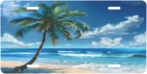 Miniatura 43 de Placa personalizada de licencia, placas decorativas personalizadas para el frente del automóvil con palmeras de playa y océano, placas de licencia