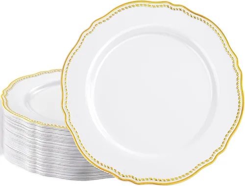 Miniatura 24 de Hioasis 100 piezas Platos de plástico blancos - Platos de cena desechables blancos de 10.25 pulgadas, Platos de cena de plástico, elegantes