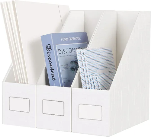 Miniatura 8 de JiaWei - Portarevistas negros, 3 paquetes de resistente estante de cartón, caja de archivo de organización de escritorio para estantes y escritorio