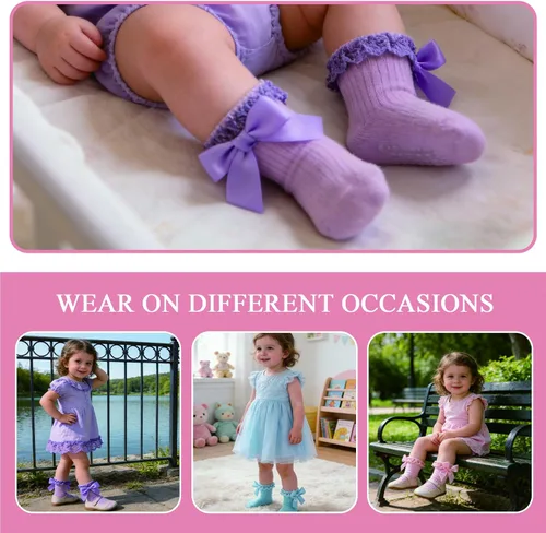 Miniatura 7 de Calcetines para bebé niña con agarre antideslizante con volantes con lazos, algodón suave, calcetines con empuñaduras para bebé recién nacido