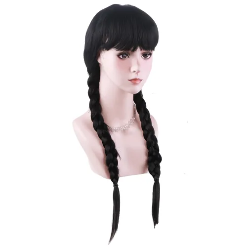 Miniatura 3 de BERON Peluca de trenza negra con flequillo, peluca larga y rizada para uso diario y fiesta de cosplay, incluye gorra
