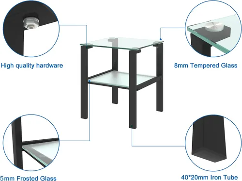 Miniatura 7 de Mesa auxiliar cuadrada de vidrio moderno de 17.72 pulgadas, mesa auxiliar de vidrio templado de 2 capas con 4 patas de tubo de hierro, mesa auxiliar