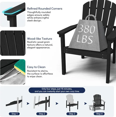 Miniatura 6 de nevilewood Sillas Adirondack Compactas Apilables, 26.3" de Ancho Sillas de Patio de Exterior de HDPE - Diseño Duradero que Ahorra Espacio para Negro