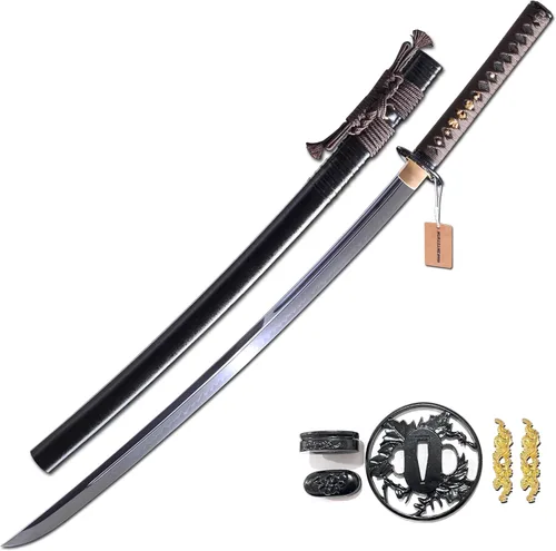 Miniatura 16 de MURASAME Katana Sword T10 - Maquinilla de afeitar de acero templado de 41 pulgadas, hoja afilada, espiga completa hecha a mano Dragón amarillo