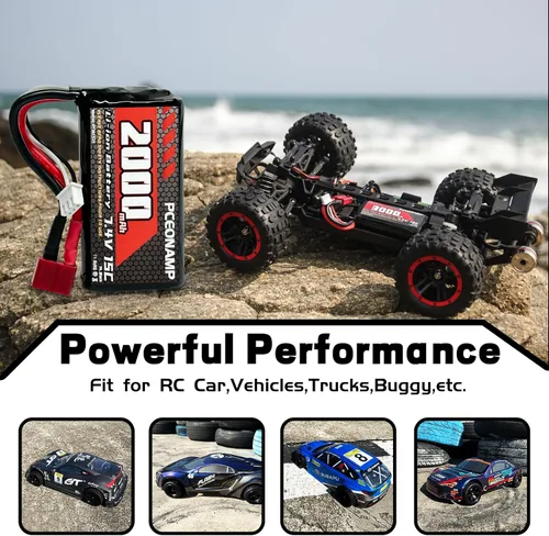 Miniatura 5 de Batería de iones de litio de 7.4V 2000mAh 2S con enchufe T, batería recargable RC compatible con autos RC 4WD de alta velocidad y la mayoría