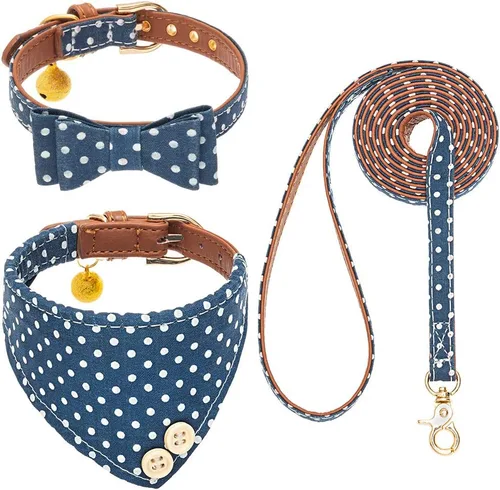 Miniatura 26 de EXPAWLORER Juego de collar y correa para perro - Corbata de moño clásica a cuadros para perro y collar bandana para perro con campana, correa