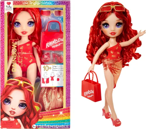 Rainbow High Swim & Style Ruby, muñeca de moda roja de 11 pulgadas con envoltura brillante para peinar de más de 10 formas, traje de baño removible,