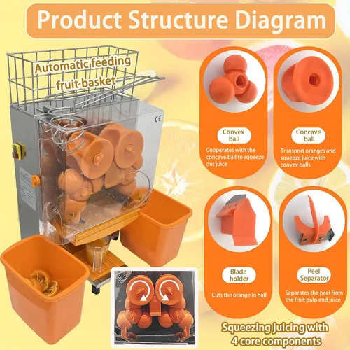 Miniatura 7 de Máquina exprimidora naranja comercial de 110 V, extractor automático de acero inoxidable naranja con engranajes de acero, 2 cáscaras que recogen