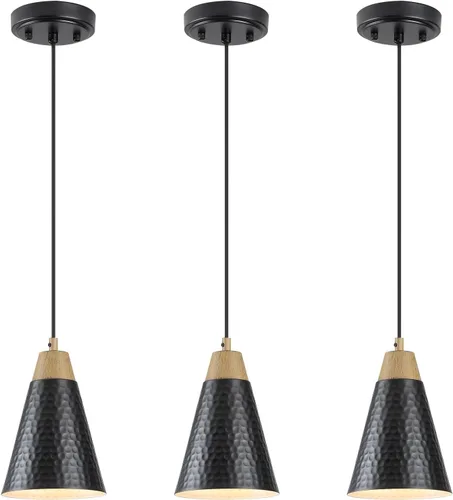 Miniatura 19 de Dijiahua Paquete de 3 lámparas colgantes negras para isla de cocina, pequeños candelabros industriales modernos con pantalla de metal cono, mini