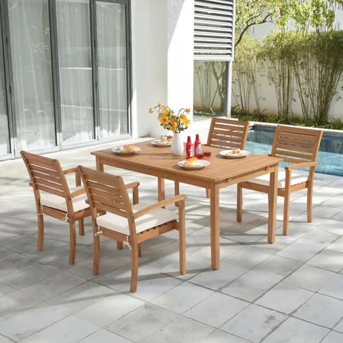 Miniatura 6 de OC Orange-Casual Juego de 2 sillas de comedor apilables para patio, sillas de madera de acacia para exteriores con reposabrazos y cojín de tela Beige