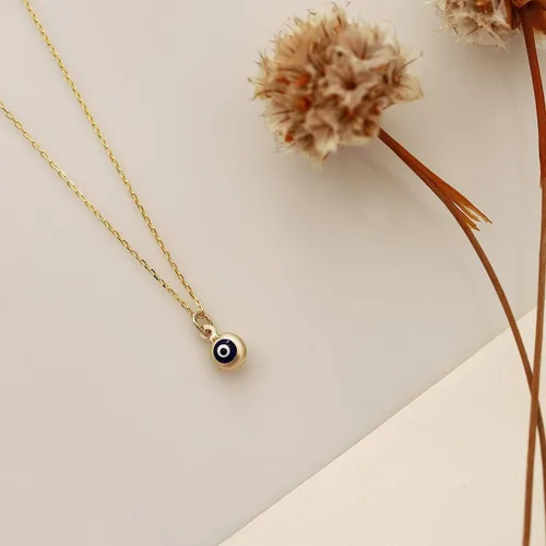 Miniatura 4 de Collar de oro macizo de 14 quilates de ojo malvado azul Collares Hamsa de oro amarillo de 14 quilates para mujer Collar con colgante de bola