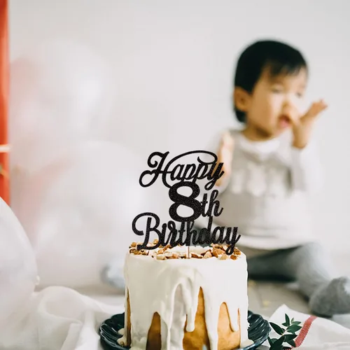 Miniatura 4 de Rsstarxi 1 paquete de decoración para tarta de cumpleaños 8 con purpurina negra de 8 años y fabulosos saludos a 8 años de edad, para celebrar el 8º