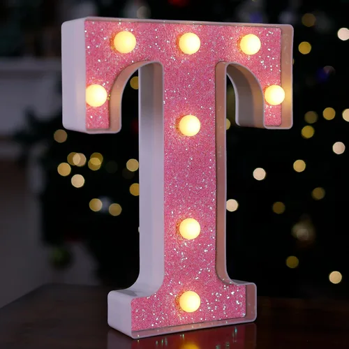 Miniatura 16 de Letras con luces LED, letras de marquesina con brillantina rosa, letras del alfabeto, letreros iluminados por pilas, para decoración de fiestas