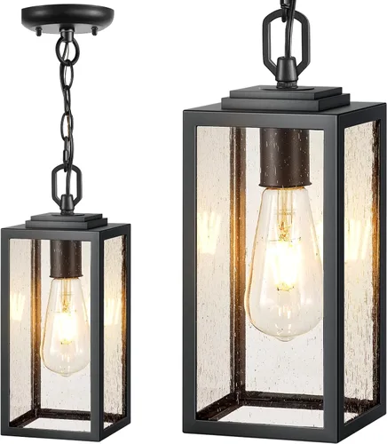 VIANIS Luces colgantes al aire libre, lámparas colgantes exteriores para porche delantero, moderna iluminación exterior negra para patio con vidrio