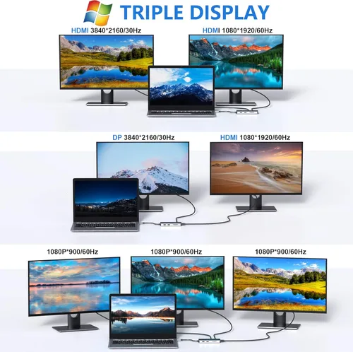 Miniatura 4 de Estación de acoplamiento, adaptador USB C, adaptador multipuerto de pantalla triple 9 en 1 con 2 HDMI 4K, DisplayPort, 3 USB, 100 W PD, lector