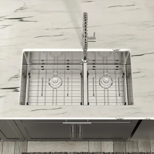 Miniatura 9 de Dcolora DC-U7730 - Fregadero de cocina de 33 pulgadas con doble tazón dividido 60/40 de calibre 16 de acero inoxidable 304, esquinas redondeadas