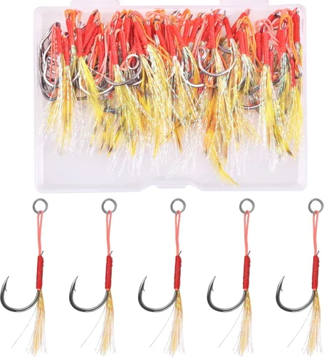 Shaddock Fishing 50 ganchos de asistencia para jigging de agua salada, 6 tamaños (10#, 11#, 12#, 13#, 14#, 15#), plantillas de paso lento, Blanco