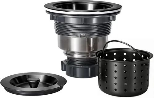 Desagüe de Fregadero de Cocina de 3-1/2 Pulgadas Negro, Kit de Montaje de Drenaje de Fregadero, Cesta Coladora Profunda Extraíble con Tapón de