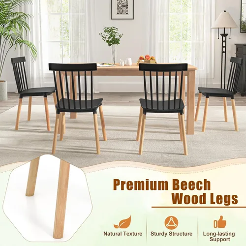 Miniatura 6 de Giantex Juego de 4 sillas de comedor Windsor, modernas sillas de cocina negras con respaldo de husillo y asientos curvos, patas de madera maciza