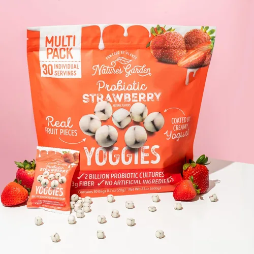 Miniatura 7 de Nature’s Garden Yoggies probióticos con sabor a fresa 21 oz (30 x 0.7 oz) Paquete de 2 - Bocados de fruta cubierta de yogur de fresa, alta en fibra