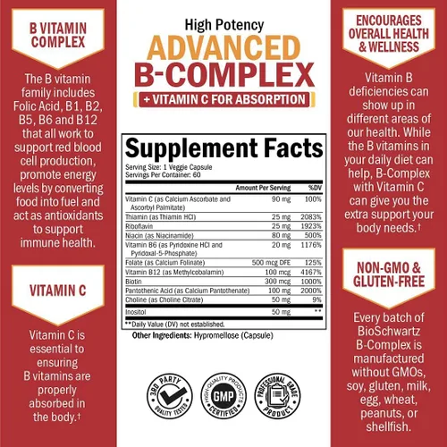 Miniatura 5 de Complejo de vitamina B con vitamina C para una máxima absorción – Metilcobalamina b12 y folato ácido fólico suplemento – Vitaminas B1 B2 B3 B5 B6 B7