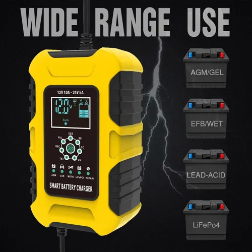 Miniatura 3 de Cargador rápido de batería de coche de 12 V/24 V y 10 amperios para baterías húmedas/GEL/SLA/LiFePO4/plomo-ácido/AGM, cargador de batería