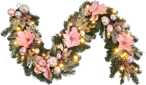Miniatura 16 de Guirnalda de Navidad rosa de 6 pies para puerta delantera con 30 luces LED con temporizador, guirnalda festiva iluminada para vacaciones con copo