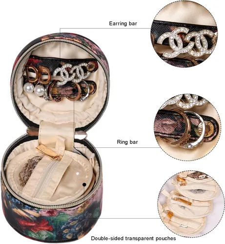 Miniatura 4 de Angelina's Palace Organizador redondo de joyas, bolsa de viaje, regalos de dama de honor, caja de cuero vegano para collar, aretes, pulsera, anillo