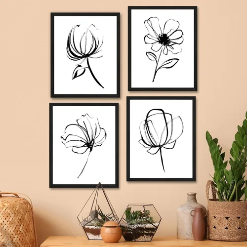 Miniatura 6 de Arte de pared de flores blancas y negras sin marco, 8 x 10 pulgadas, póster floral de dibujo simple para dormitorio, decoración de oficina en casa
