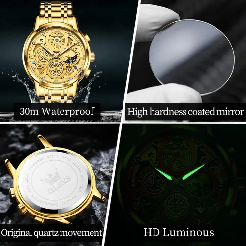 Miniatura 5 de OLEVS Reloj de pulsera para hombre, esqueleto de acero inoxidable, cronógrafo de cuarzo de lujo, impermeable, relojes luminosos para hombre