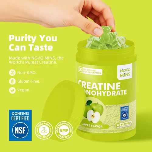 Miniatura 4 de novomins Gomitas de monohidrato de creatina de 5000 mg para hombres y mujeres, monohidrato de creatina masticable para fuerza muscular, constructor