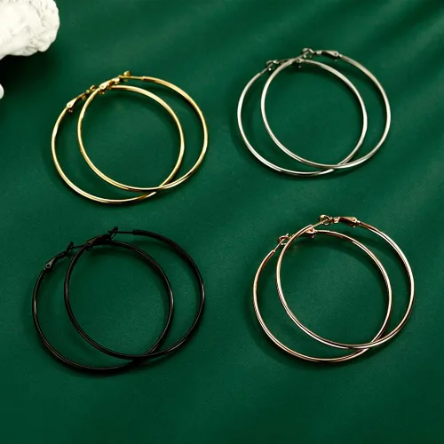 Miniatura 5 de Juego de 4 pares de aretes de aro grandes para mujeres y niñas, de acero inoxidable 316L, hipoalergénicos, chapados en plata, chapados en oro de 14