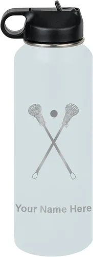 Miniatura 15 de LaserGram Botella de agua personalizada, palitos de lacrosse, acero inoxidable de doble pared aislada al vacío con popote superior, regalo grabado