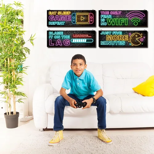 Miniatura 4 de clothmile 4 piezas de decoración de juegos de neón para la habitación de los niños, arte de pared de videojuegos de madera, cita motivacional