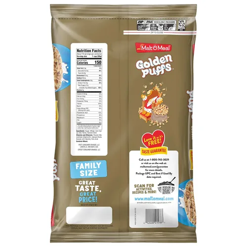 Miniatura 8 de Malt-O-Meal Golden Puffs Cereal para el desayuno, cereal de trigo hinchado endulzado, cereal de tamaño familiar a granel, bolsa de cereales