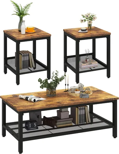 Miniatura 8 de Lamerge Juego de 3 piezas para sala de estar, mesa de café industrial con 2 mesas auxiliares cuadradas, juego de mesa de café con marco metálico