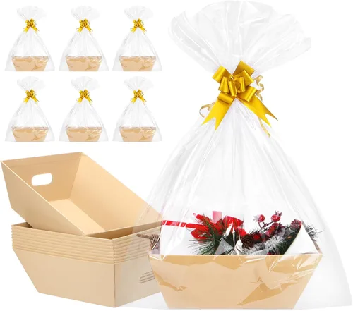 AFOROEOA Paquete de 10 cestas vacías para regalos, cesta de regalo de papel kraft de 10 x 12 pulgadas de grosor con 10 lazos, 10 bolsas vacías de