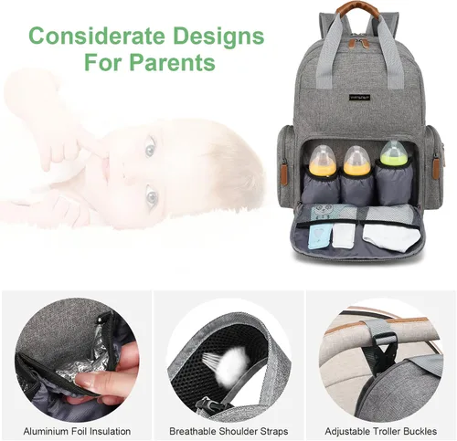 Miniatura 4 de Mochila para pañales con cambiador, organizador de bolsas de pañales para mamás, papás, bolsas cambiadoras grandes para bebés Gris