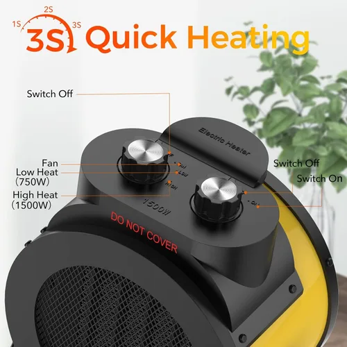 Miniatura 2 de Calentador de espacio eléctrico de 1500 W con ángulo ajustable de 90 grados, protección contra sobrecalentamiento, calentador para garaje, oficina