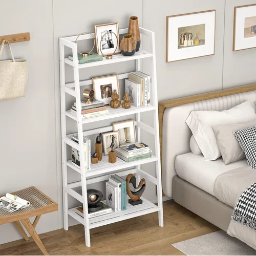 Miniatura 4 de Homykic Estantería Escalera, Estantería de Libros Escalera de Bambú de 4 Niveles, Estante de Libros Blanco de 49.2", Librera Abierta Independiente