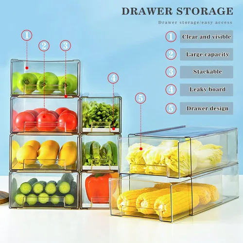 Miniatura 2 de Paquete de 2 cajones apilables para refrigerador, contenedores extraíbles transparentes, organizador de cajón para refrigerador, contenedores