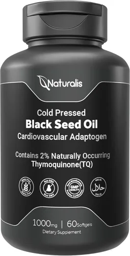 Naturalis Aceite de semilla negra prensado en frío 1000 mg | 2% de timoquinona natural (TQ) para cabello, piel, uñas y apoyo cardiovascular | Sin