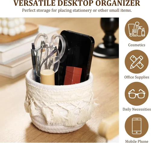 Miniatura 5 de HEAVYWOOD Organizador de brochas de maquillaje de macramé de 3.9 x 3.9 pulgadas, mini contenedores de maquillaje, bohemios, pequeños, redondos