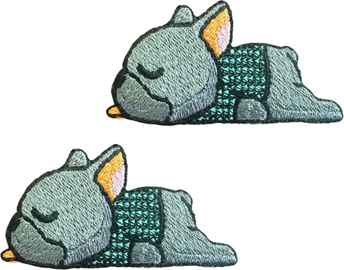 TH - Juego de 2 minúsculos, bulldog francés, cachorro, mascota, lindo logotipo de dibujos animados, 3 parches, coser para planchar en bordado,