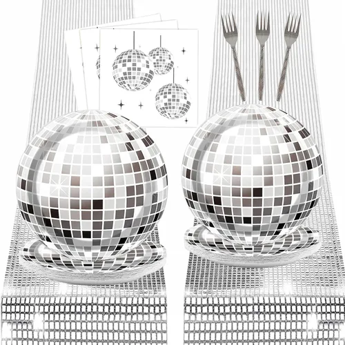 Juego de 98 piezas de suministros de fiesta de disco con purpurina de los años 70, camino de mesa de bola de discoteca, platos de papel, servilletas