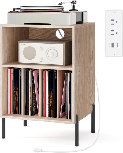 Miniatura 10 de Tangkula Soporte para tocadiscos, mesa auxiliar giratoria con estación de carga y armario de almacenamiento de discos de vinilo con capacidad